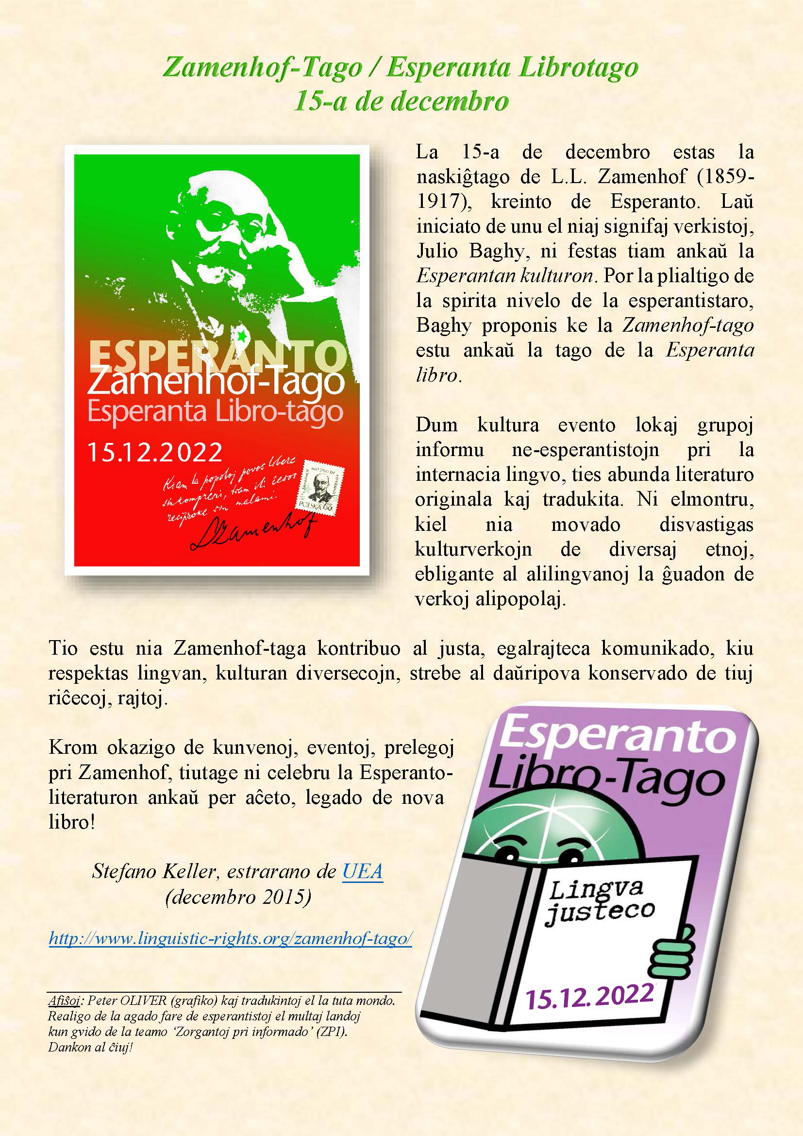 15a de decembro 2022 - Zamenhof-Tago, tago de Esperanta Libro
